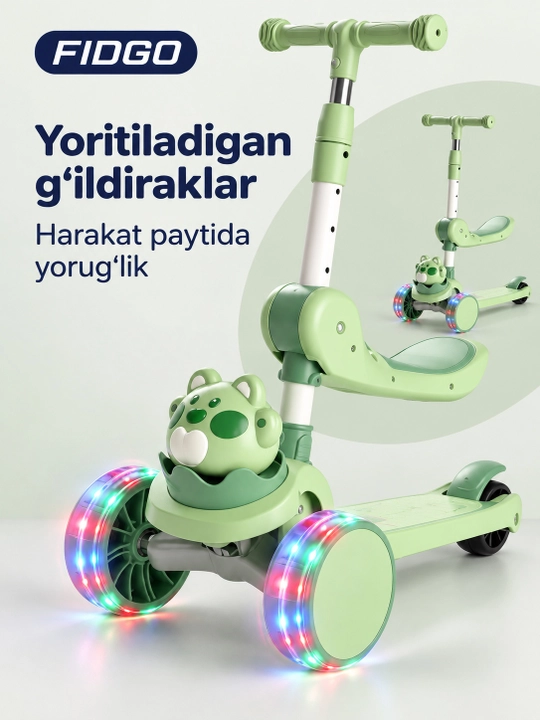 FIDGO uch g‘ildirakli bolalar samokati, buklanadigan, o‘rindiq, musiqa va chiroqlar bilan