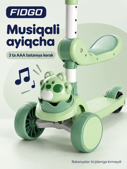 FIDGO uch g‘ildirakli bolalar samokati, buklanadigan, o‘rindiq, musiqa va chiroqlar bilan
