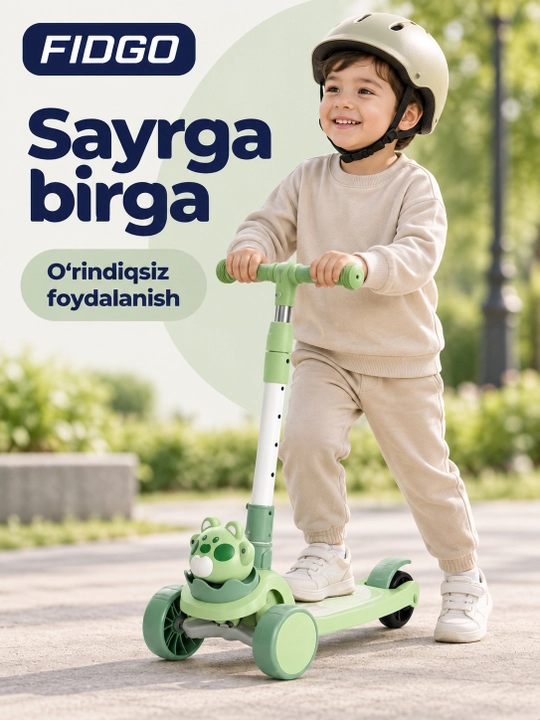 FIDGO uch g‘ildirakli bolalar samokati, buklanadigan, o‘rindiq, musiqa va chiroqlar bilan