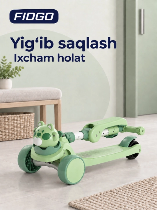 FIDGO uch g‘ildirakli bolalar samokati, buklanadigan, o‘rindiq, musiqa va chiroqlar bilan