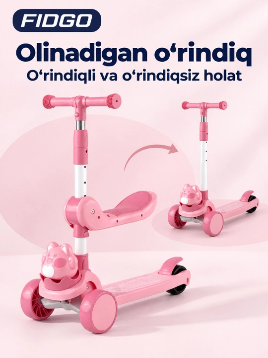 FIDGO uch g‘ildirakli bolalar samokati, buklanadigan, o‘rindiq, musiqa va chiroqlar bilan
