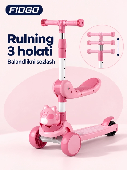 FIDGO uch g‘ildirakli bolalar samokati, buklanadigan, o‘rindiq, musiqa va chiroqlar bilan