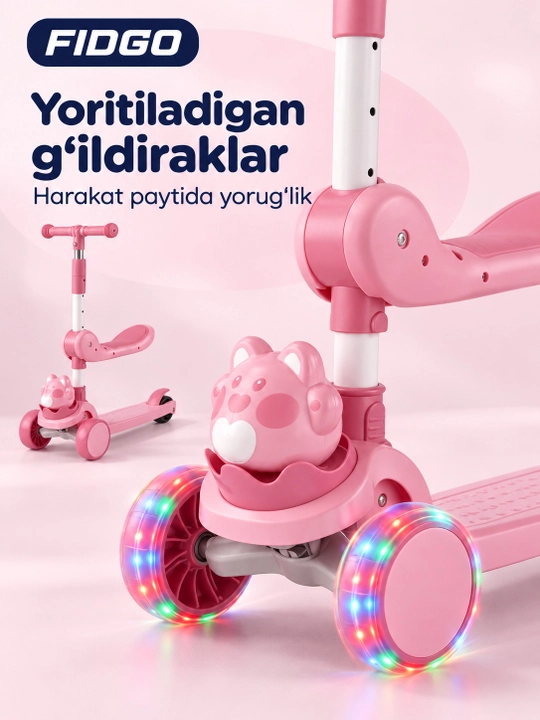 FIDGO uch g‘ildirakli bolalar samokati, buklanadigan, o‘rindiq, musiqa va chiroqlar bilan
