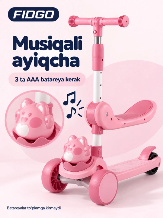 FIDGO uch g‘ildirakli bolalar samokati, buklanadigan, o‘rindiq, musiqa va chiroqlar bilan