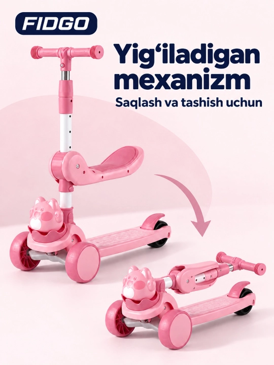 FIDGO uch g‘ildirakli bolalar samokati, buklanadigan, o‘rindiq, musiqa va chiroqlar bilan