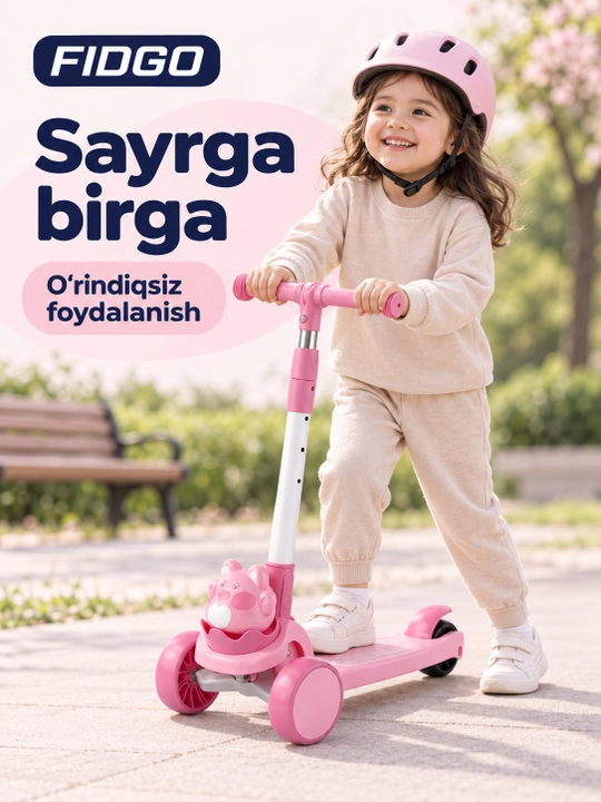 FIDGO uch g‘ildirakli bolalar samokati, buklanadigan, o‘rindiq, musiqa va chiroqlar bilan