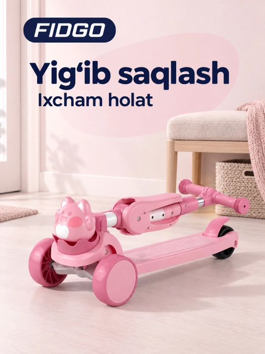 FIDGO uch g‘ildirakli bolalar samokati, buklanadigan, o‘rindiq, musiqa va chiroqlar bilan