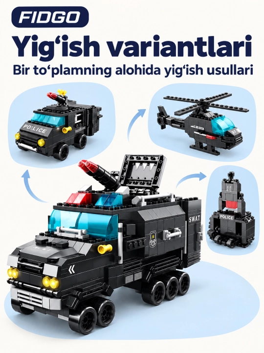 FIDGO blokli konstruktor, texnika, qal’a va hayvonlar, turli modellar