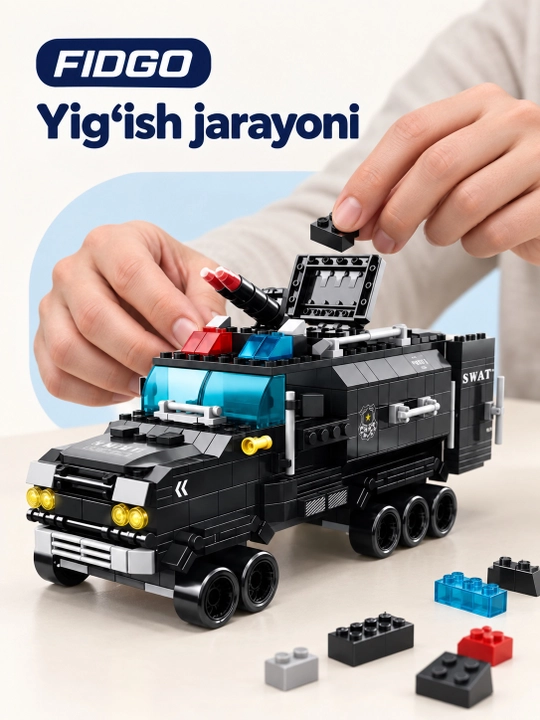FIDGO blokli konstruktor, texnika, qal’a va hayvonlar, turli modellar