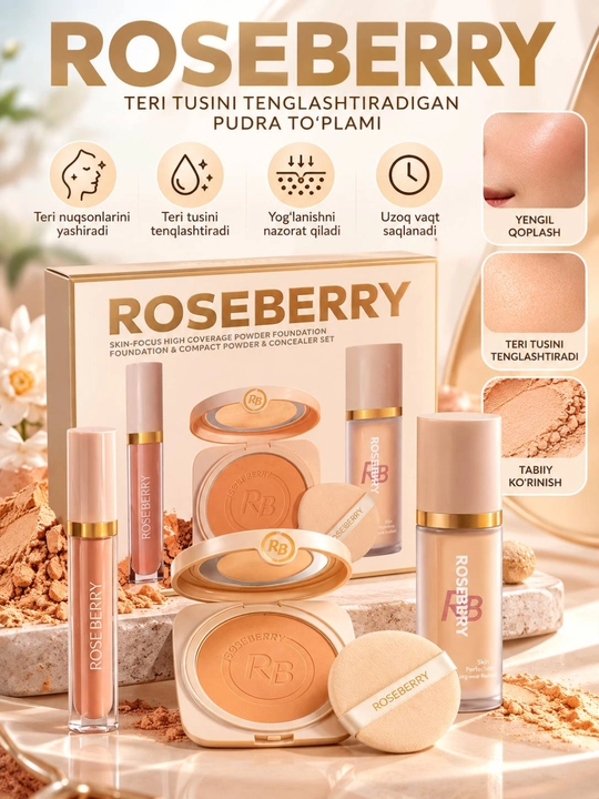 Tonal krem to'plami Roseberry, yuz uchun pudra va konsiler, teri tusini tenglashtiruvchi - 