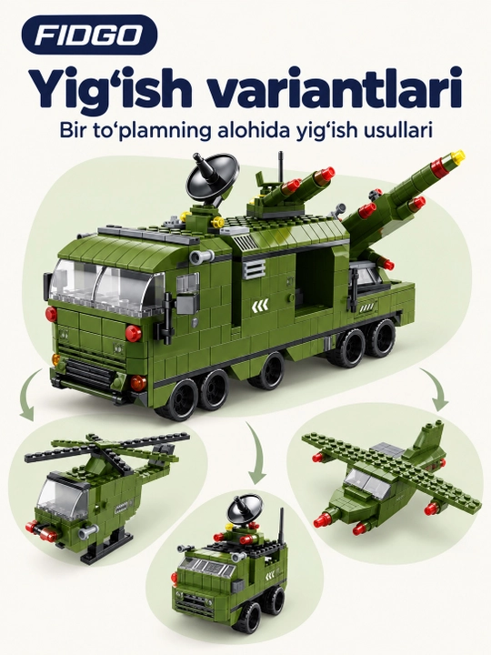 FIDGO blokli konstruktor, texnika, qal’a va hayvonlar, turli modellar