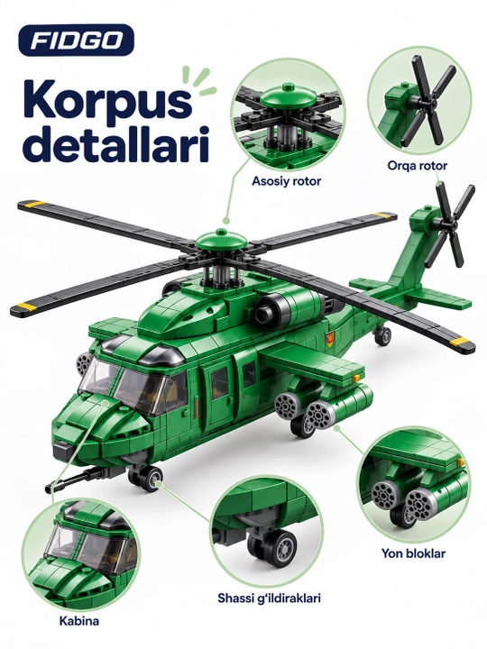 FIDGO blokli konstruktor, texnika, qal’a va hayvonlar, turli modellar