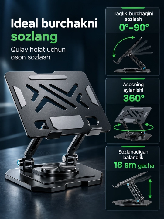 Noutbuk va planshet uchun metall taglik, balandligi sozlanadi, buklanadi, 360° asos