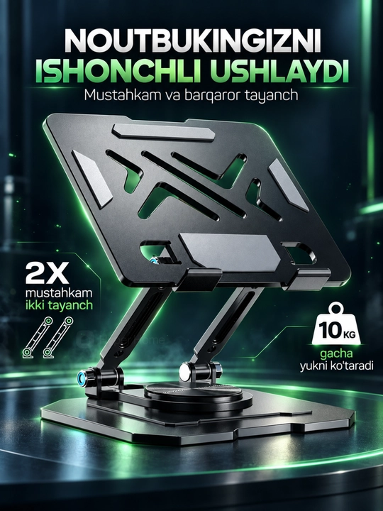 Noutbuk va planshet uchun metall taglik, balandligi sozlanadi, buklanadi, 360° asos