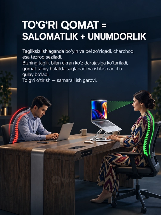 Noutbuk va planshet uchun metall taglik, balandligi sozlanadi, buklanadi, 360° asos