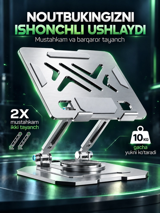 Noutbuk va planshet uchun metall taglik, balandligi sozlanadi, buklanadi, 360° asos