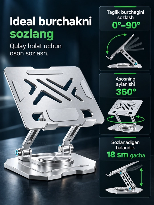 Noutbuk va planshet uchun metall taglik, balandligi sozlanadi, buklanadi, 360° asos