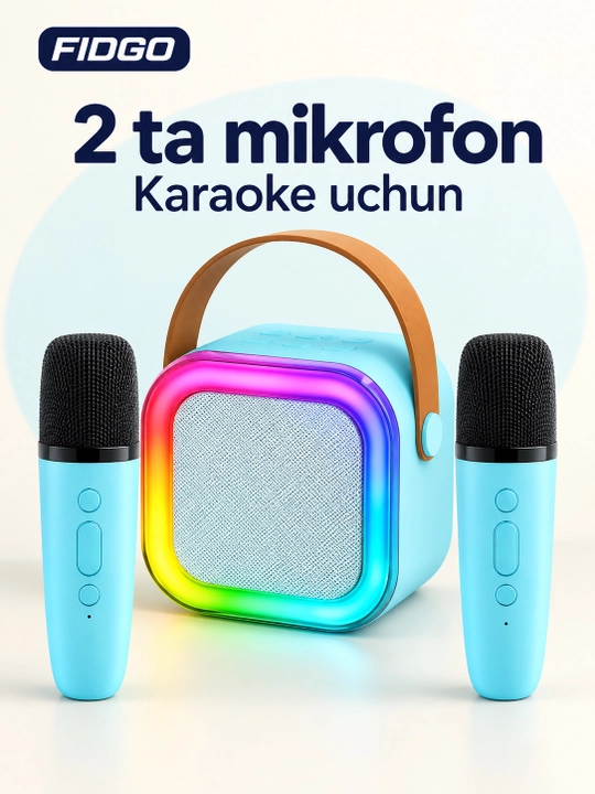 FIDGO Bluetooth karaoke kolonkasi, 2 ta mikrofon va RGB yoritish