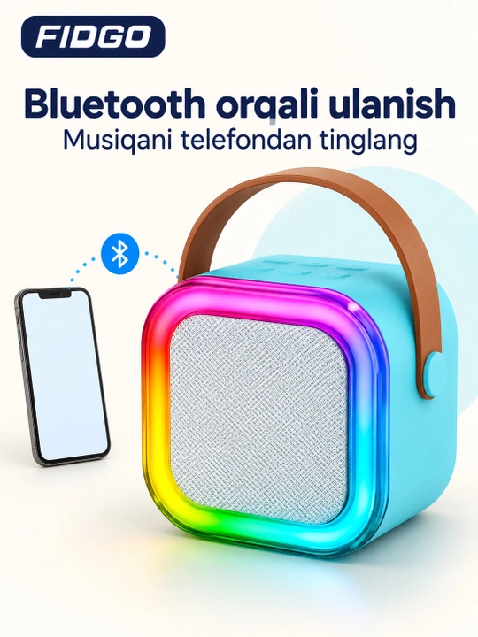 FIDGO Bluetooth karaoke kolonkasi, 2 ta mikrofon va RGB yoritish