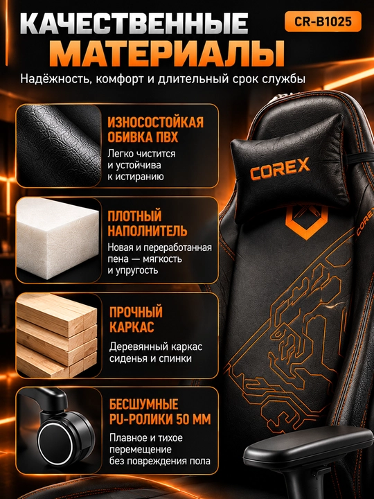 Игровое кресло Corex CR-B1025, наклон 90–155°, газлифт Class 4, 1D, металлическая база