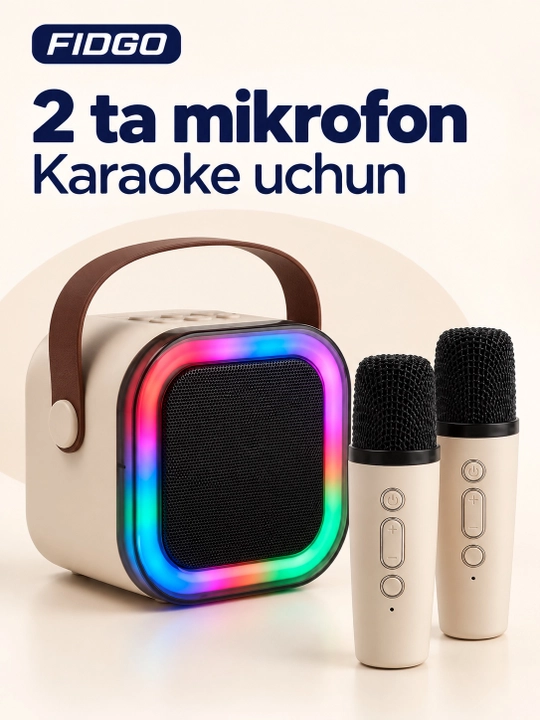 FIDGO Bluetooth karaoke kolonkasi, 2 ta mikrofon va RGB yoritish