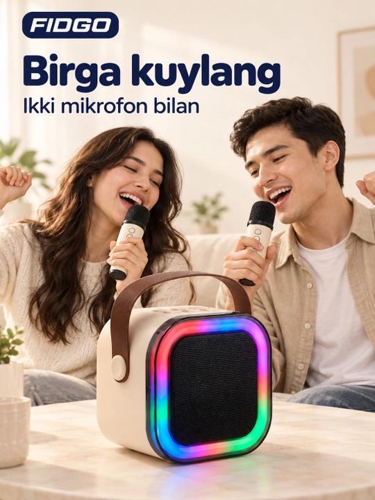 FIDGO Bluetooth karaoke kolonkasi, 2 ta mikrofon va RGB yoritish