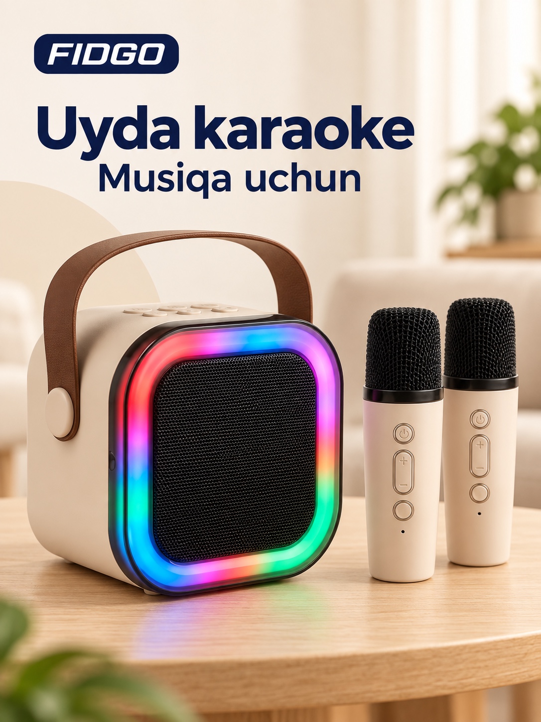 FIDGO Bluetooth karaoke kolonkasi, 2 ta mikrofon va RGB yoritish