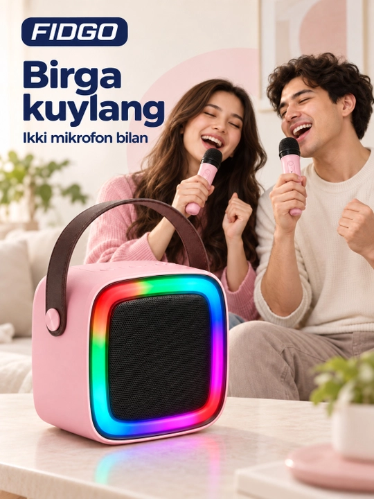 FIDGO Bluetooth karaoke kolonkasi, 2 ta mikrofon va RGB yoritish