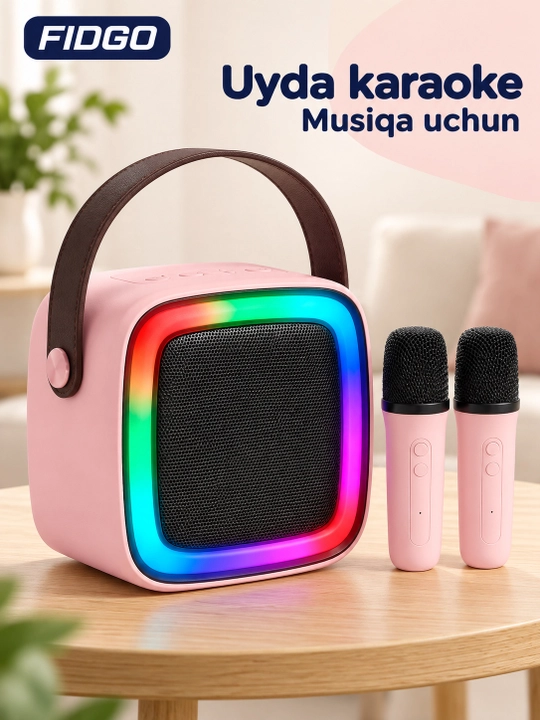 FIDGO Bluetooth karaoke kolonkasi, 2 ta mikrofon va RGB yoritish