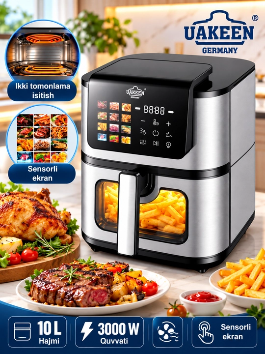Uakeen aerogril 10–12-14 L, sensorli havo fritöz, ko‘p funksiyali elektr pech, Air Fryer - 
