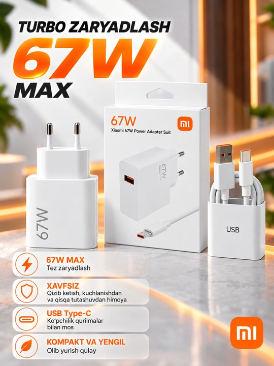 Xiaomi Turbo Max% zaryadlovchi adapter 33W/45W/67W/90W/120W, USB-A, Type-C kabel bilan