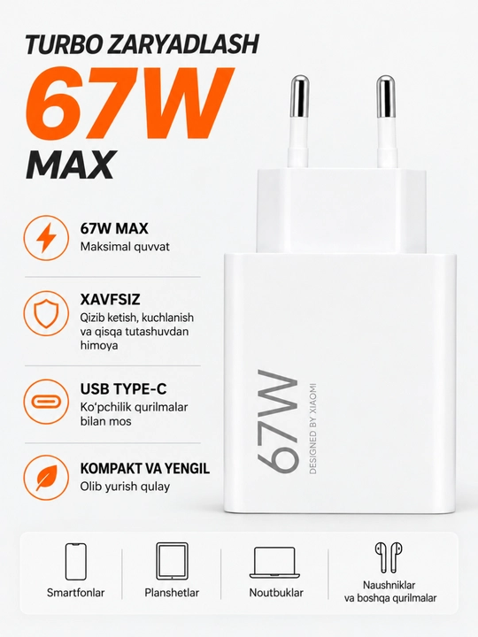Xiaomi Turbo Max% zaryadlovchi adapter 33W/45W/67W/90W/120W, USB-A, Type-C kabel bilan