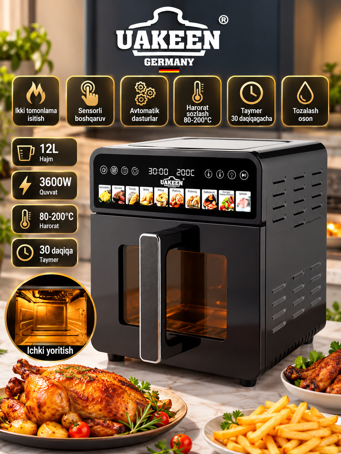 Uakeen aerogril 10–12-14 L, sensorli havo fritöz, ko‘p funksiyali elektr pech, Air Fryer - 