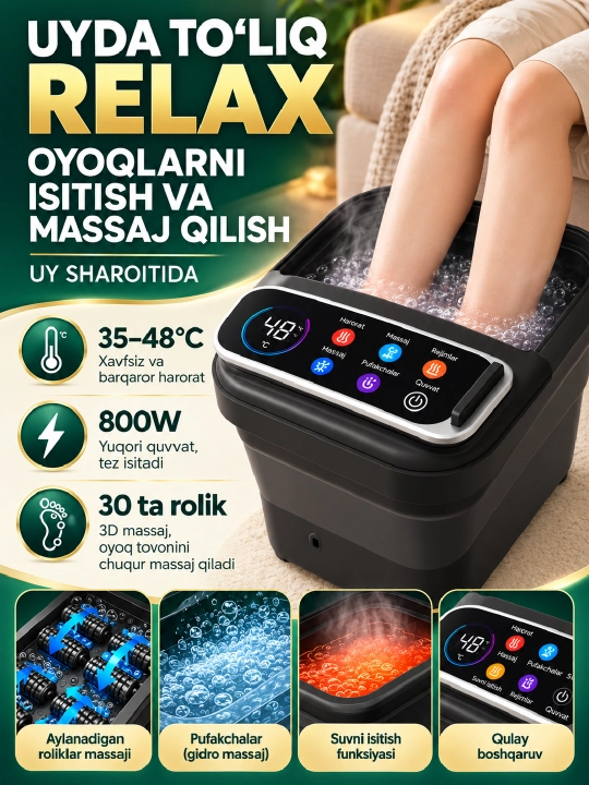 Oyoqlar uchun gidromassaj vannasi, buxli va isitgichli massaj apparati, rolikli massajor