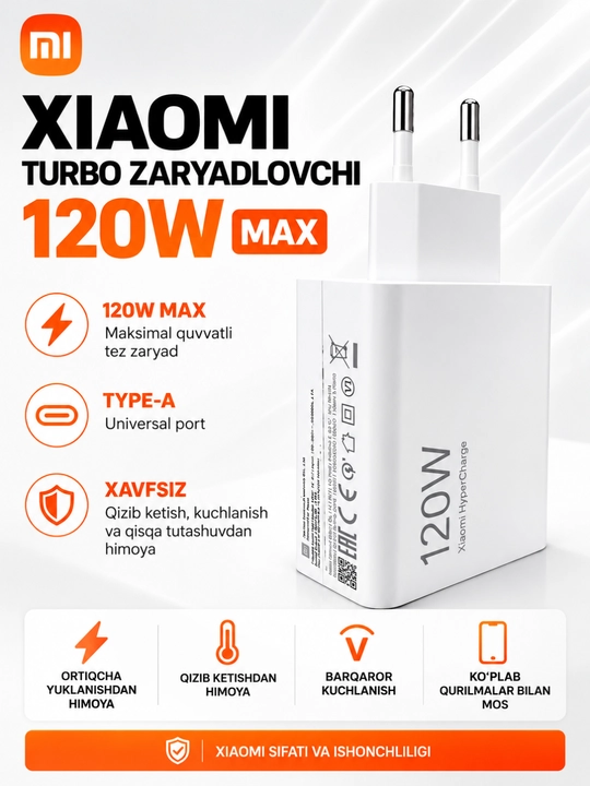 Xiaomi Turbo Max% zaryadlovchi adapter 33W/45W/67W/90W/120W, USB-A, Type-C kabel bilan