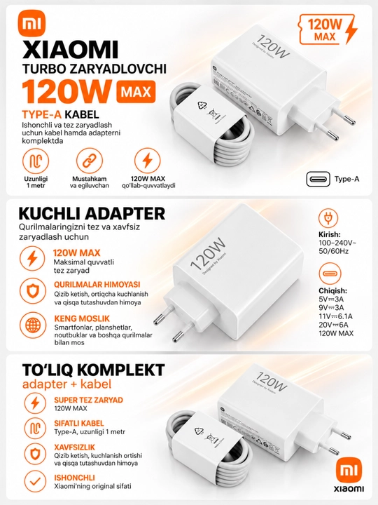 Xiaomi Turbo Max% zaryadlovchi adapter 33W/45W/67W/90W/120W, USB-A, Type-C kabel bilan