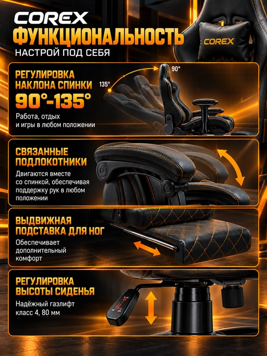 Игровое кресло Corex CR-B1028, механизм Recliner, газлифт Class 4, металлическая база