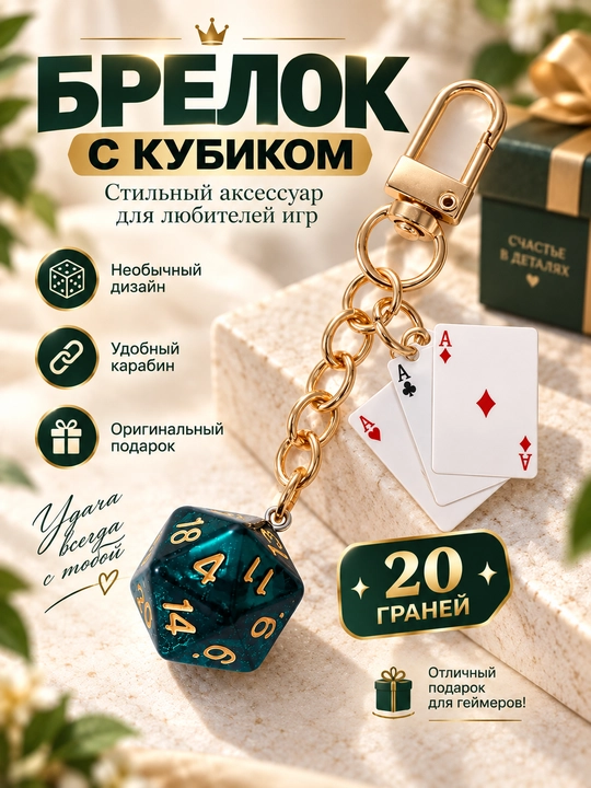 Брелок с игральной картой и кубиком, стильный аксессуар для ключей и сумки - 