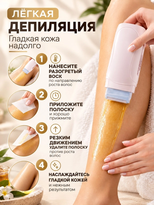 DOLL 4 tasi 1 da depilyatsiya to‘plami: voskoplav, vosk, tasmalar, shpatellar