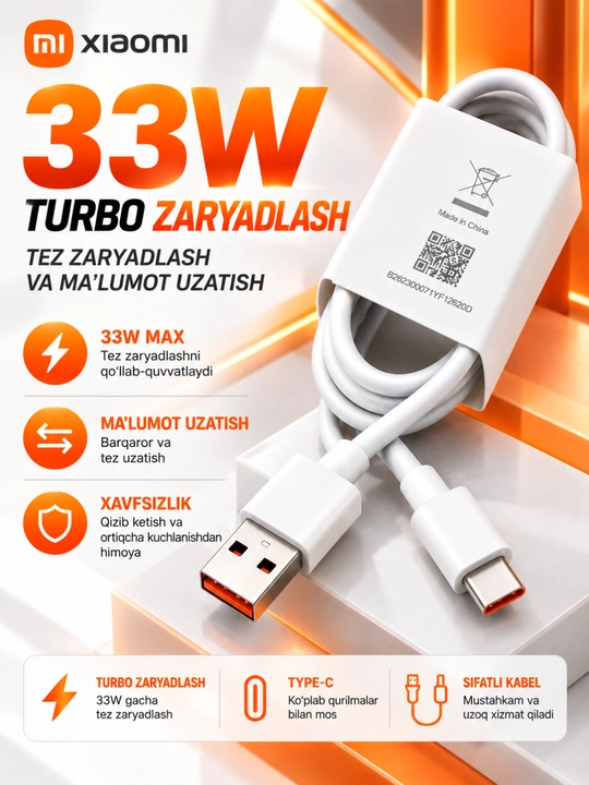 Xiaomi Turbo Max% zaryadlovchi adapter 33W/45W/67W/90W/120W, USB-A, Type-C kabel bilan