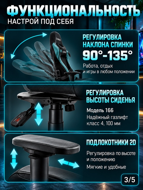 Игровое кресло Corex CR-B1031, ткань, подлокотники 2D, газлифт Class 4