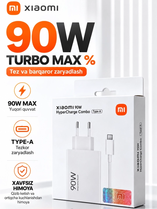 Xiaomi Turbo Max% zaryadlovchi adapter 33W/45W/67W/90W/120W, USB-A, Type-C kabel bilan