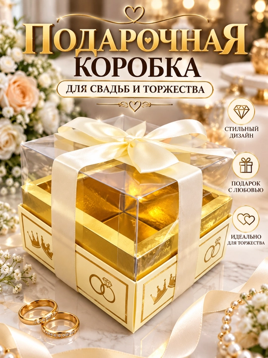 Подарочная коробка для свадьбы и торжества — с прозрачной крышкой и лентой - 