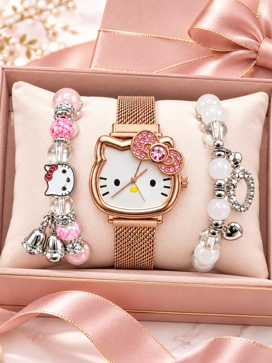 Наручные часы для девочек, дизайн кошечки, с бантиком и металлическим браслетом - 