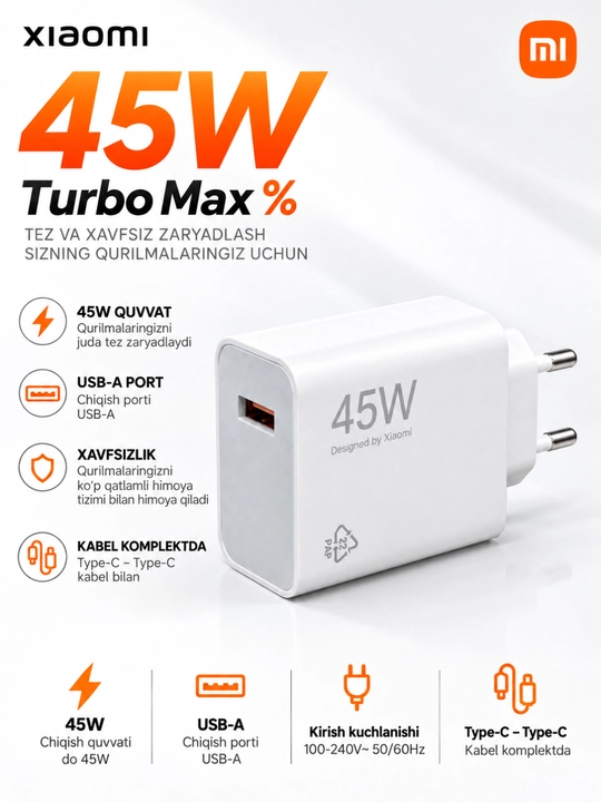 Xiaomi Turbo Max% zaryadlovchi adapter 33W/45W/67W/90W/120W, USB-A, Type-C kabel bilan