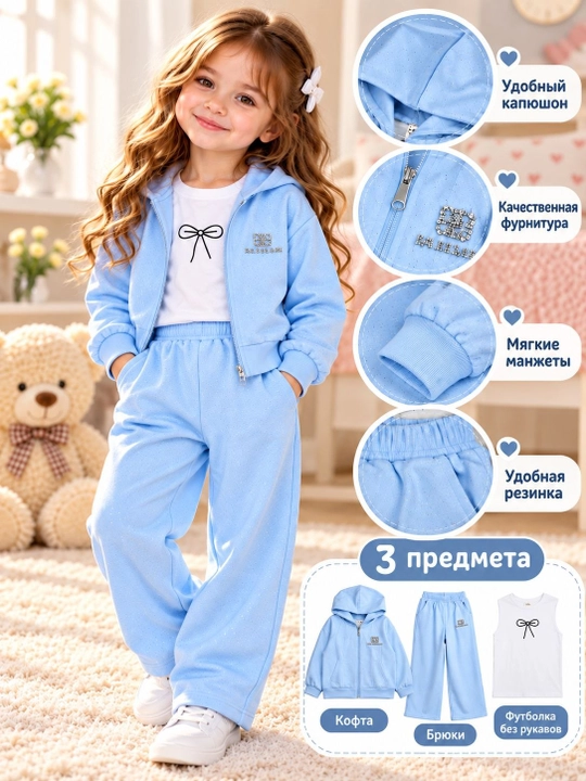 Спортивный костюм для девочки, комплект из 3 предметов с капюшоном