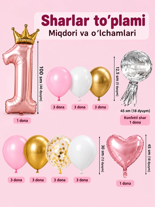 1 yosh uchun folgalangan sharlar to‘plami o‘g‘il va qiz bolalar tug‘ilgan kuni uchun bezak