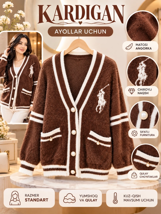 Ayollar uchun angorka kardigan, kuzgi qishki iliq sviter, standart razmer s-xxl gacha