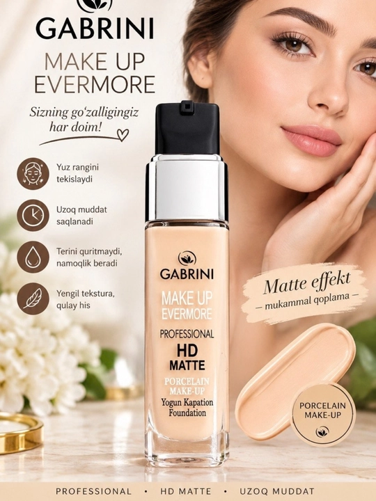 Tonal krem matlovchi, Gabrini HD Matte 30 ml, makiyaj osiga, yuz uchun - 