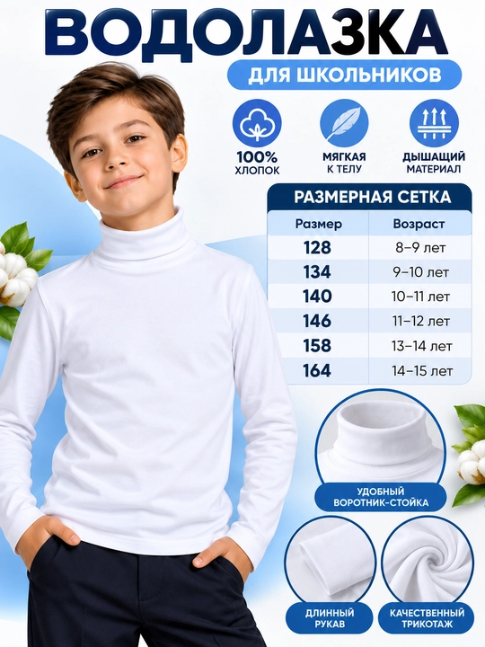 Bolalar  oq rangli vodolazka, 100% paxta, maktab uchun, uzun yengli, o‘g‘il bolalar kiyimi
